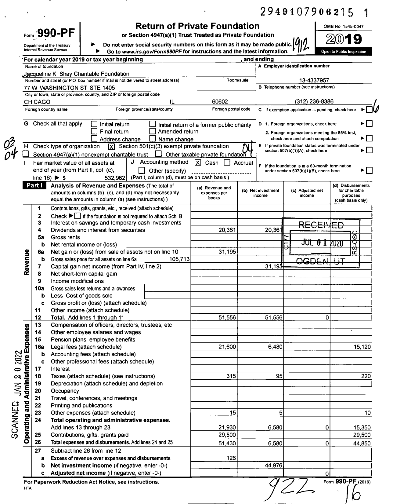 Image of first page of 2019 Form 990PF for Jacqueline K Shay Charitable Foundation