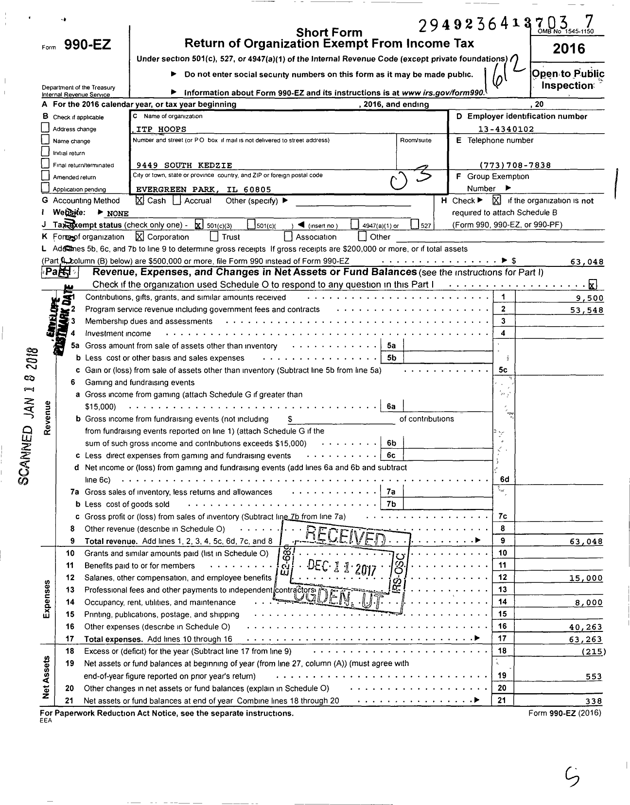 Image of first page of 2016 Form 990EZ for Itp Hoops