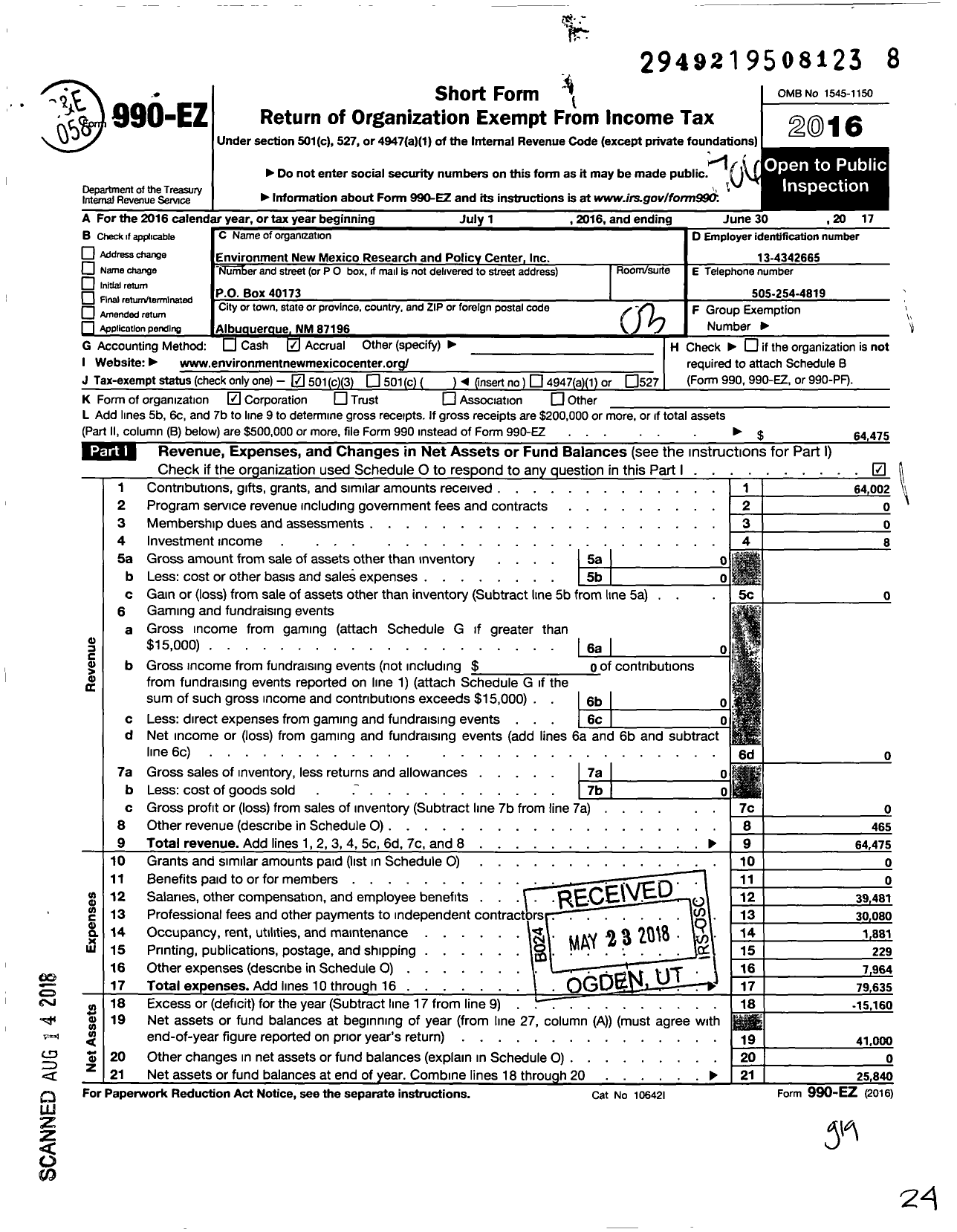 Image of first page of 2016 Form 990EZ for Environment New Mexico Research and Policy Center