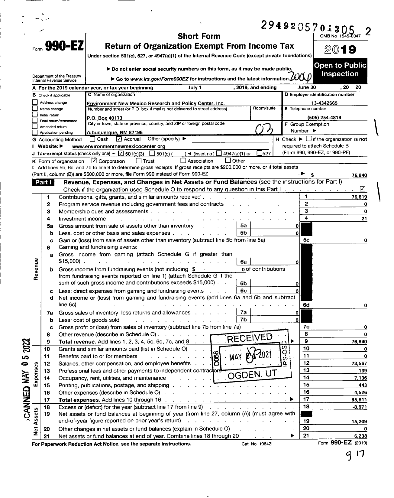 Image of first page of 2019 Form 990EZ for Environment New Mexico Research and Policy Center