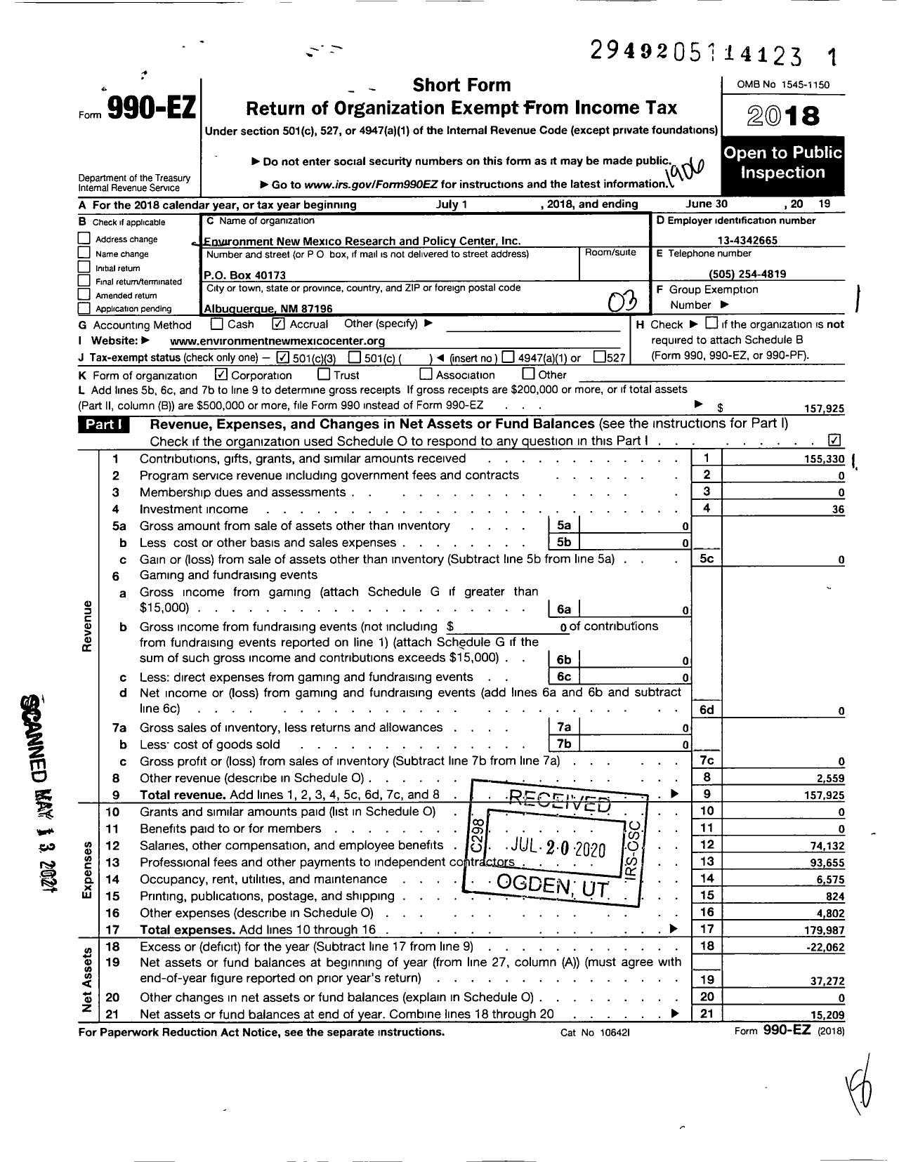 Image of first page of 2018 Form 990EZ for Environment New Mexico Research and Policy Center