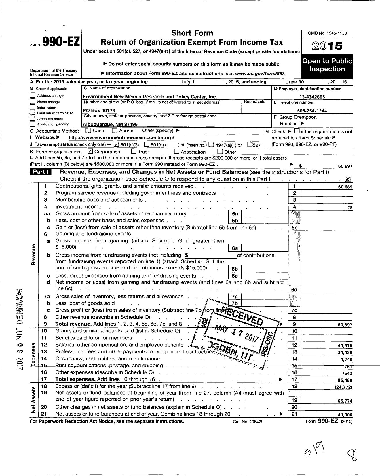 Image of first page of 2015 Form 990EZ for Environment New Mexico Research and Policy Center