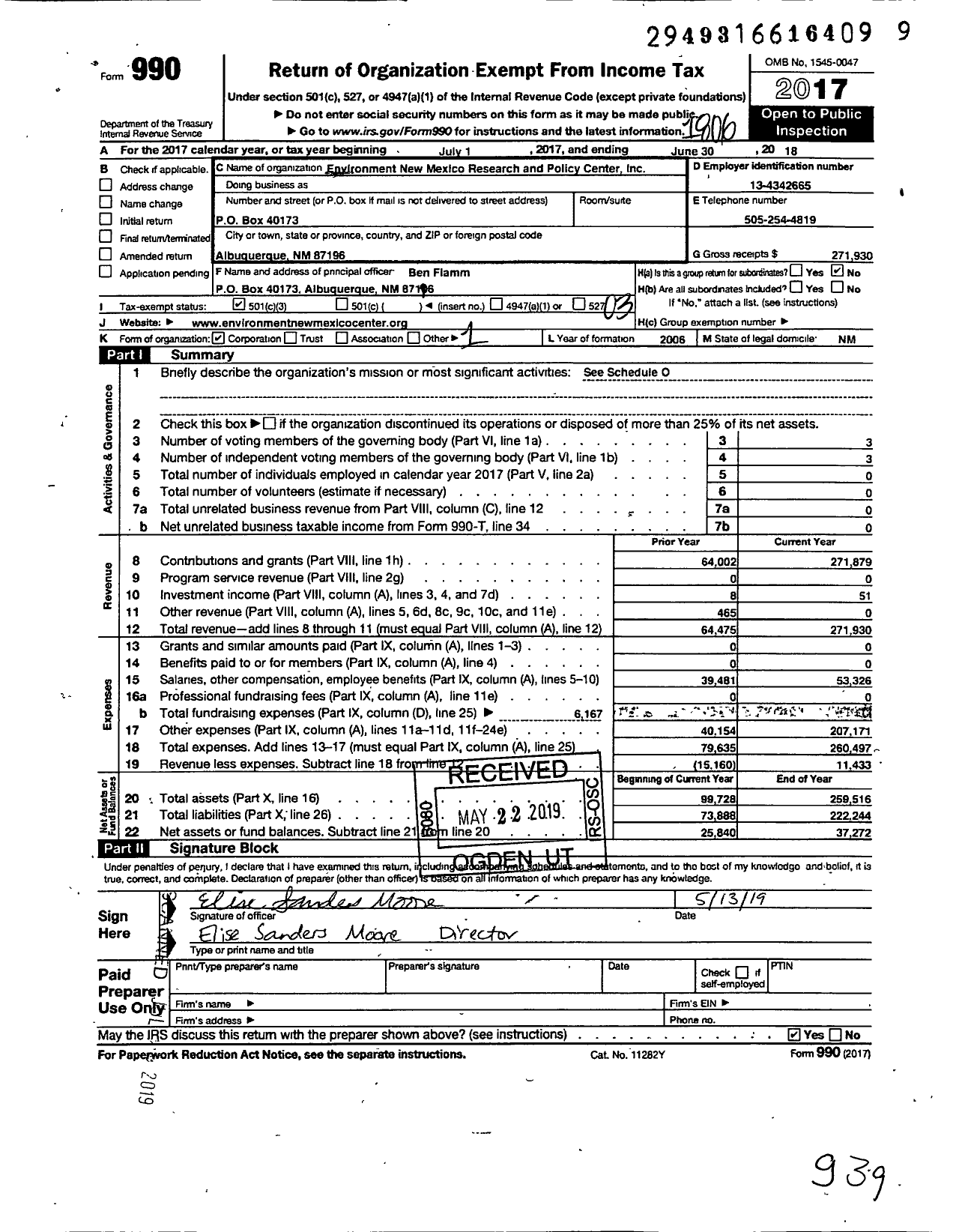 Image of first page of 2017 Form 990 for Environment New Mexico Research and Policy Center