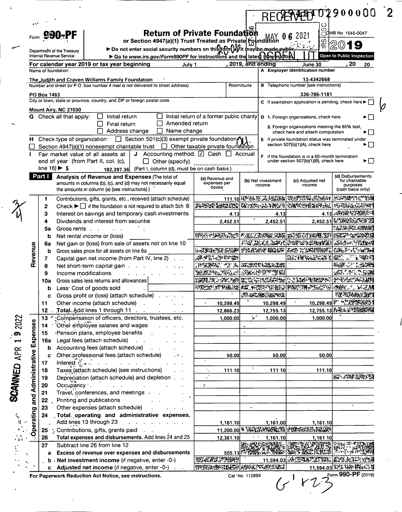 Image of first page of 2019 Form 990PF for The Judith and Craven Williams Family Foundation