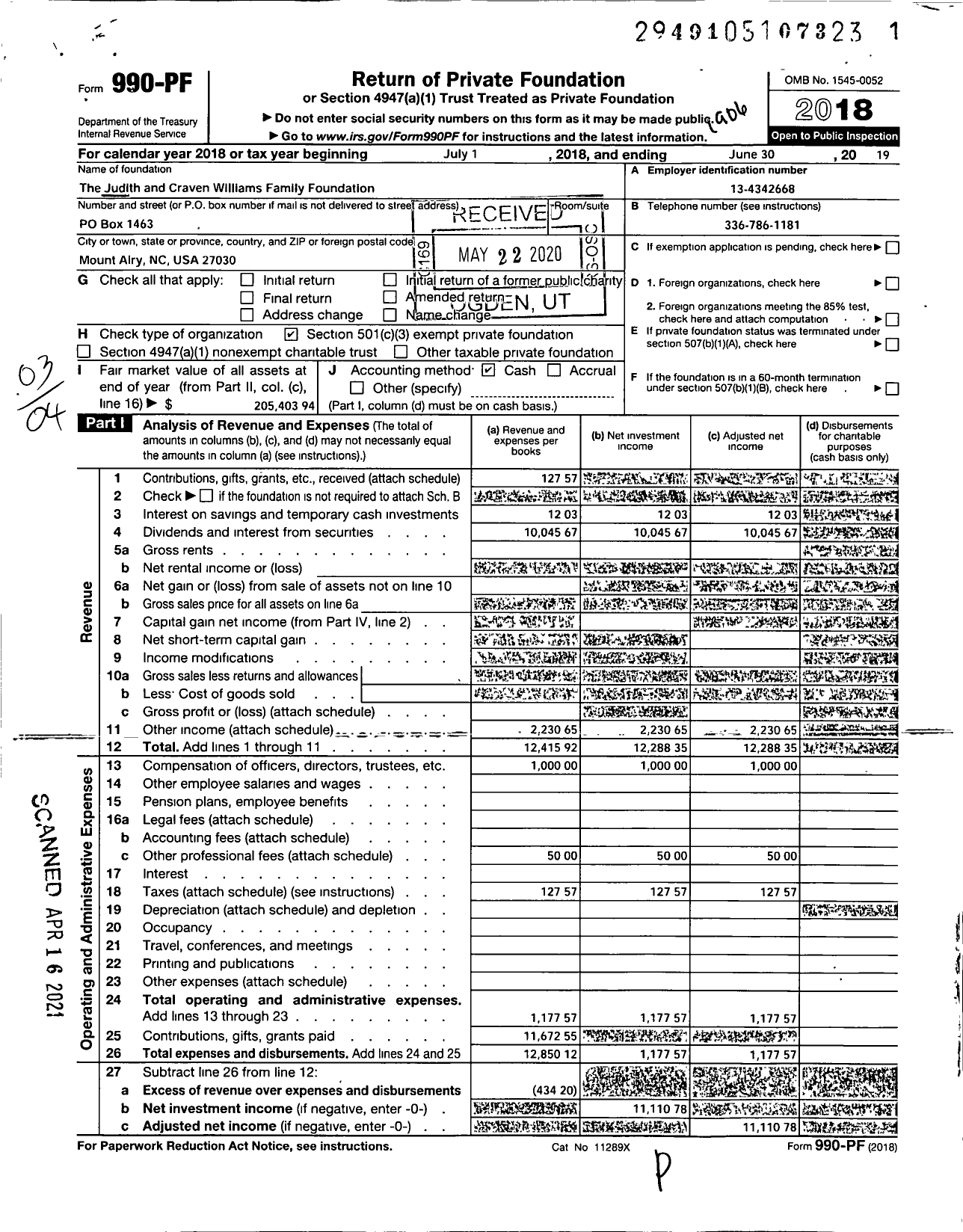 Image of first page of 2018 Form 990PF for The Judith and Craven Williams Family Foundation