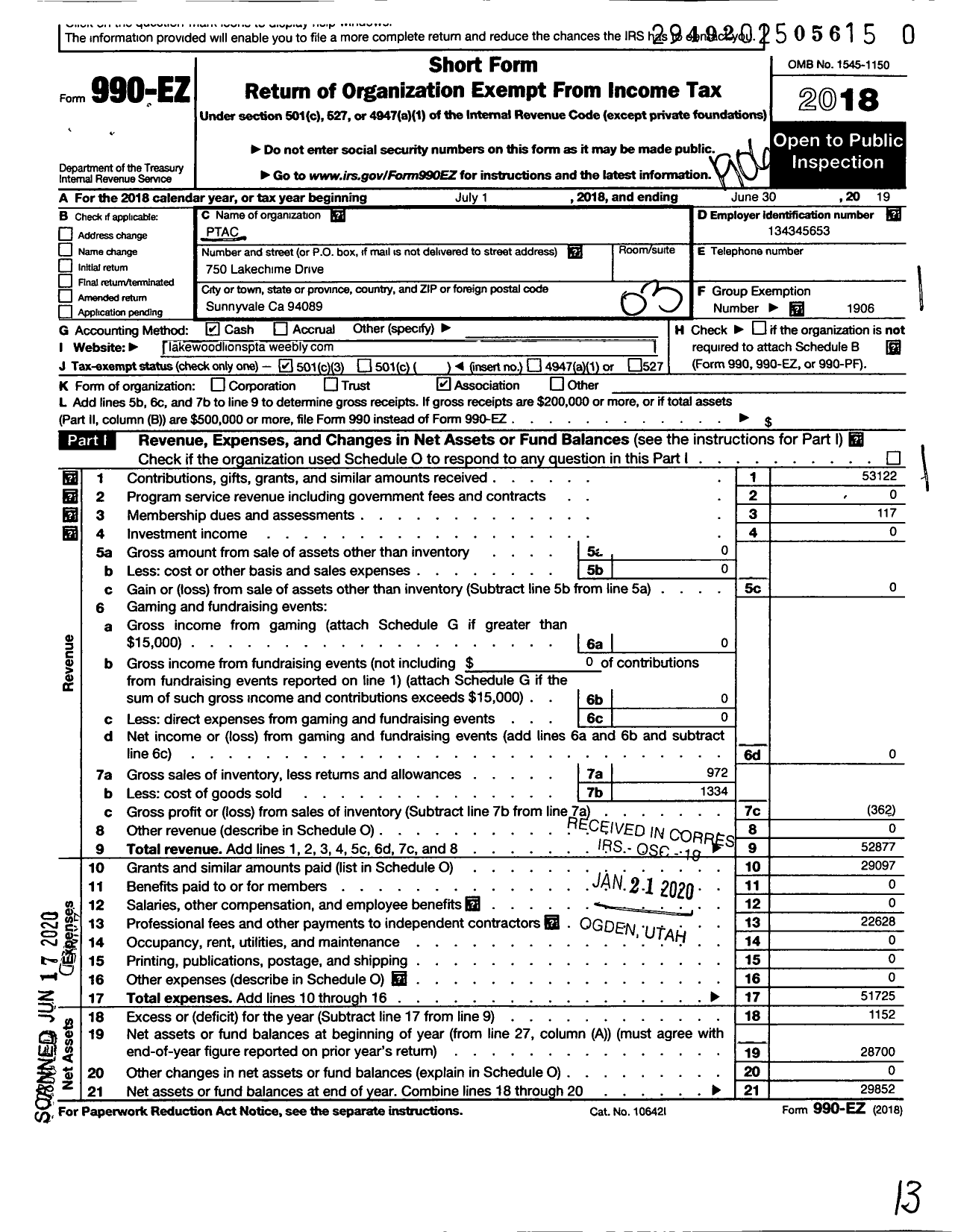 Image of first page of 2018 Form 990EZ for California State PTA - Lakewood Elementary School PTA