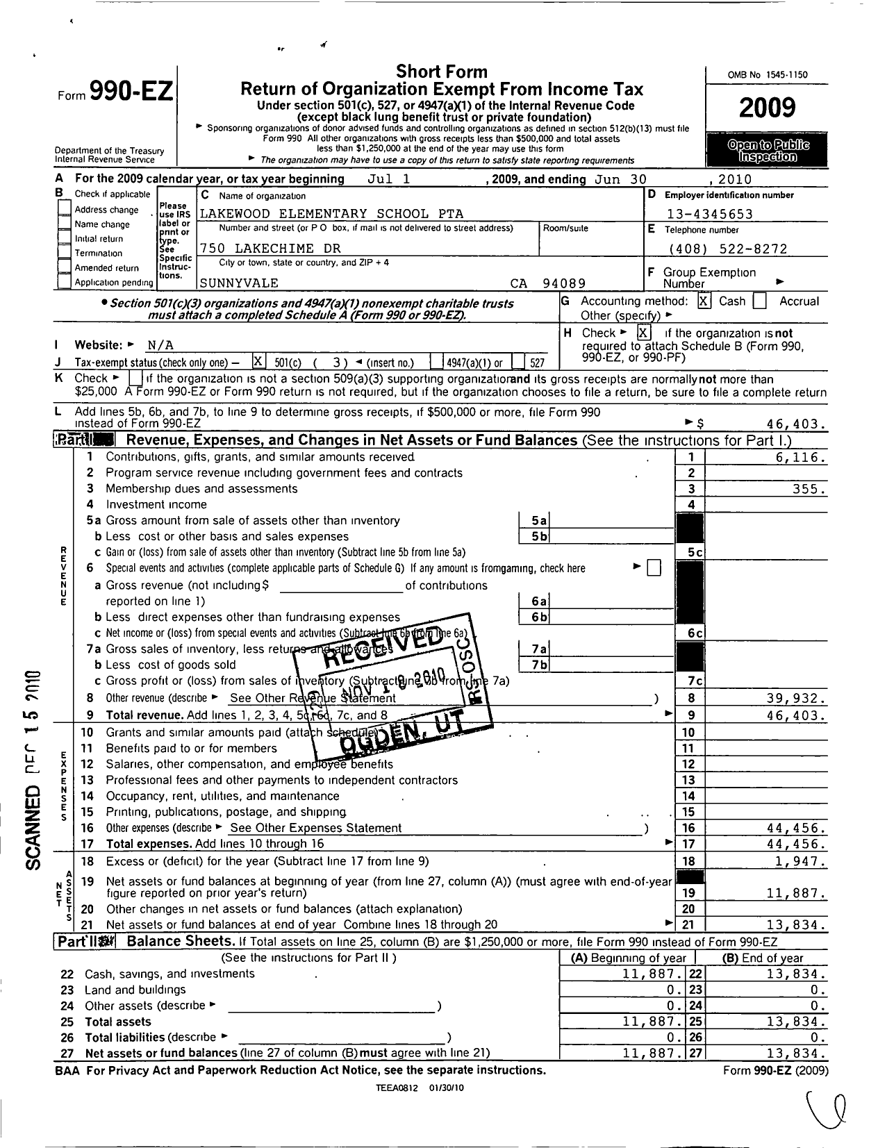 Image of first page of 2009 Form 990EZ for California State PTA - Lakewood Elementary School PTA