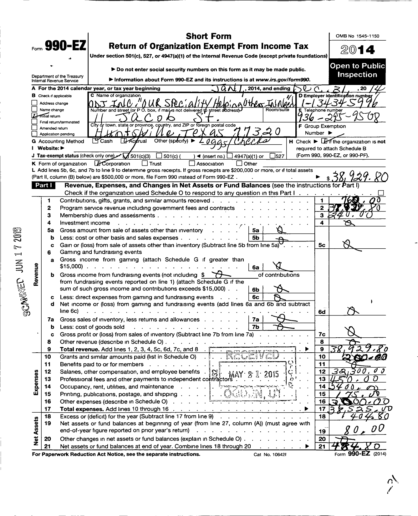 Image of first page of 2014 Form 990EZ for Odj Our Specialty Helping Others in Need