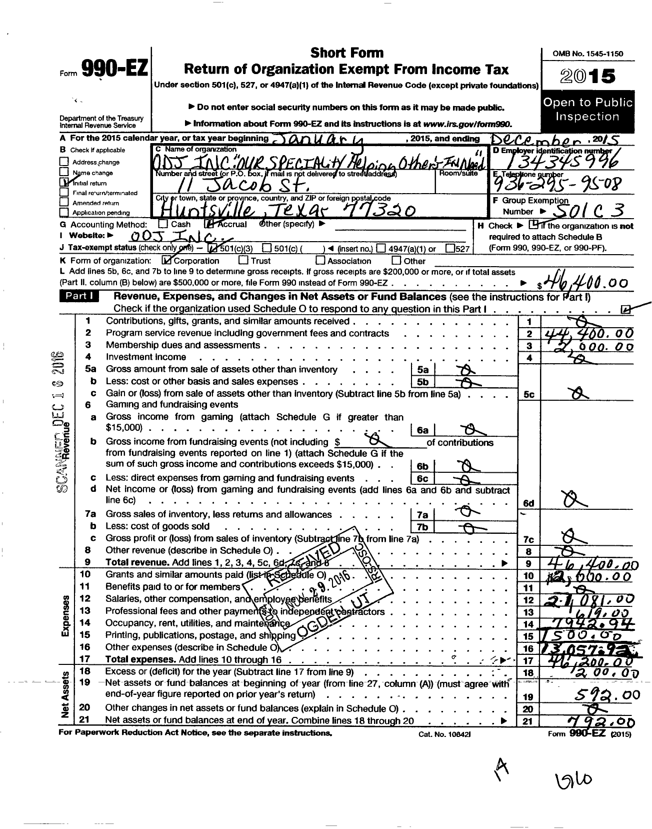 Image of first page of 2015 Form 990EZ for Odj Our Specialty Helping Others in Need