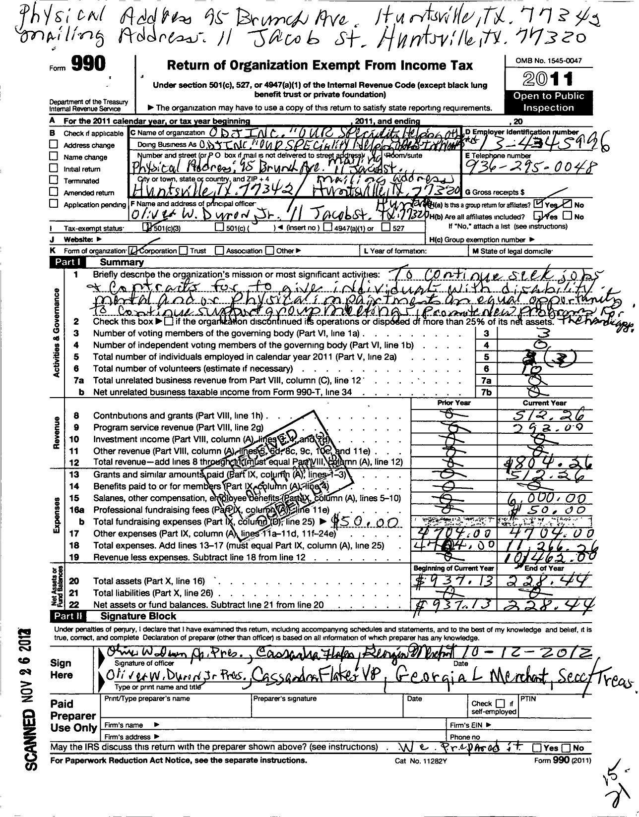 Image of first page of 2011 Form 990 for Odj Our Specialty Helping Others in Need