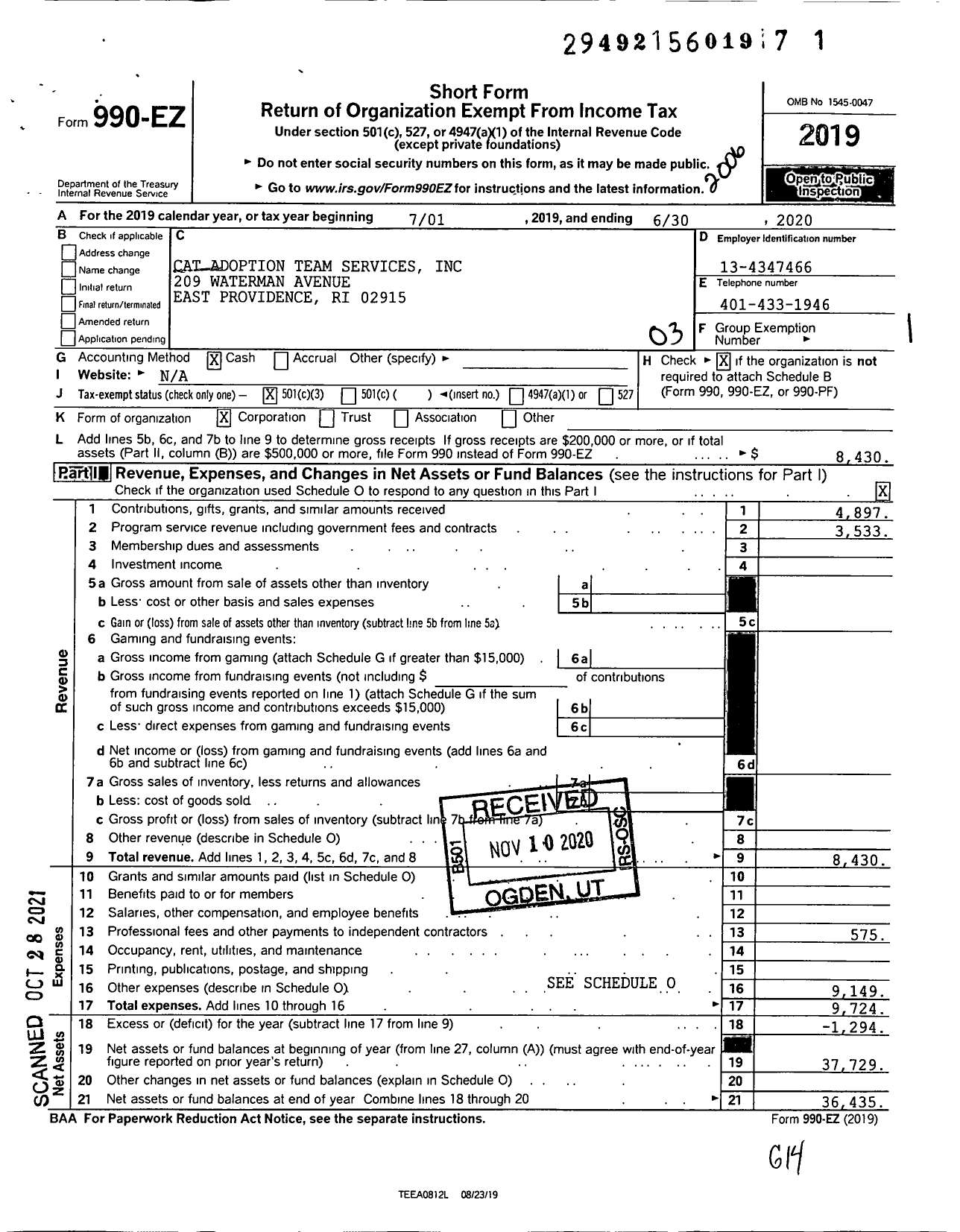 Image of first page of 2019 Form 990EZ for Cat Adoption Team Services