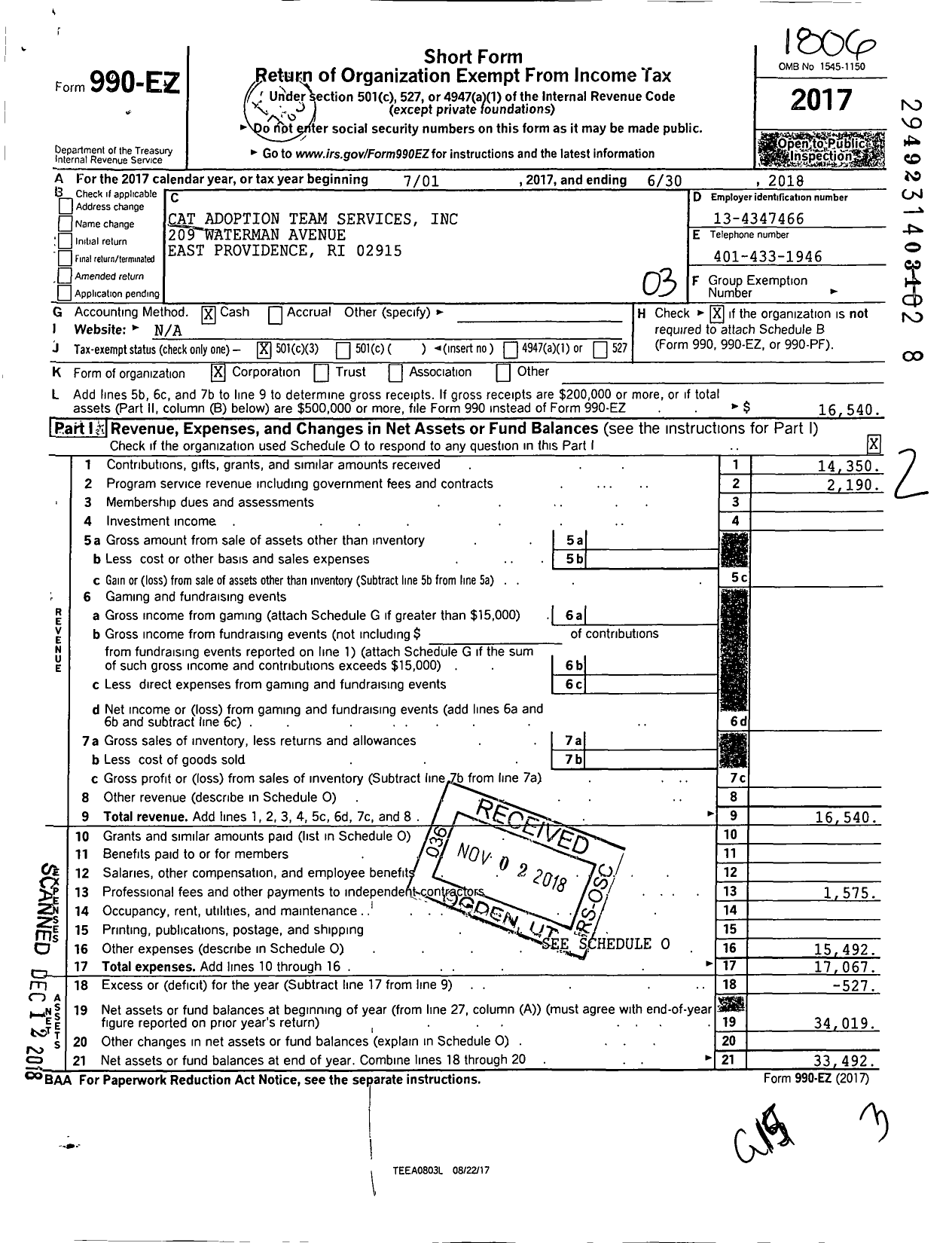 Image of first page of 2017 Form 990EZ for Cat Adoption Team Services