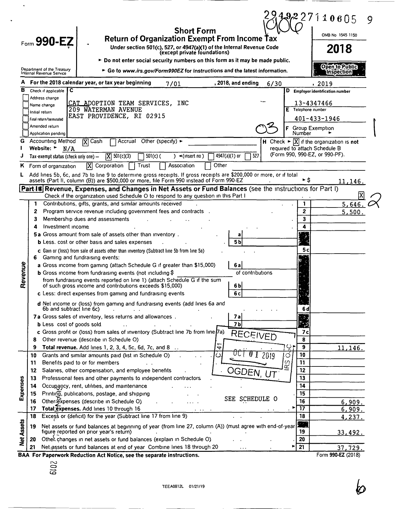 Image of first page of 2018 Form 990EZ for Cat Adoption Team Services