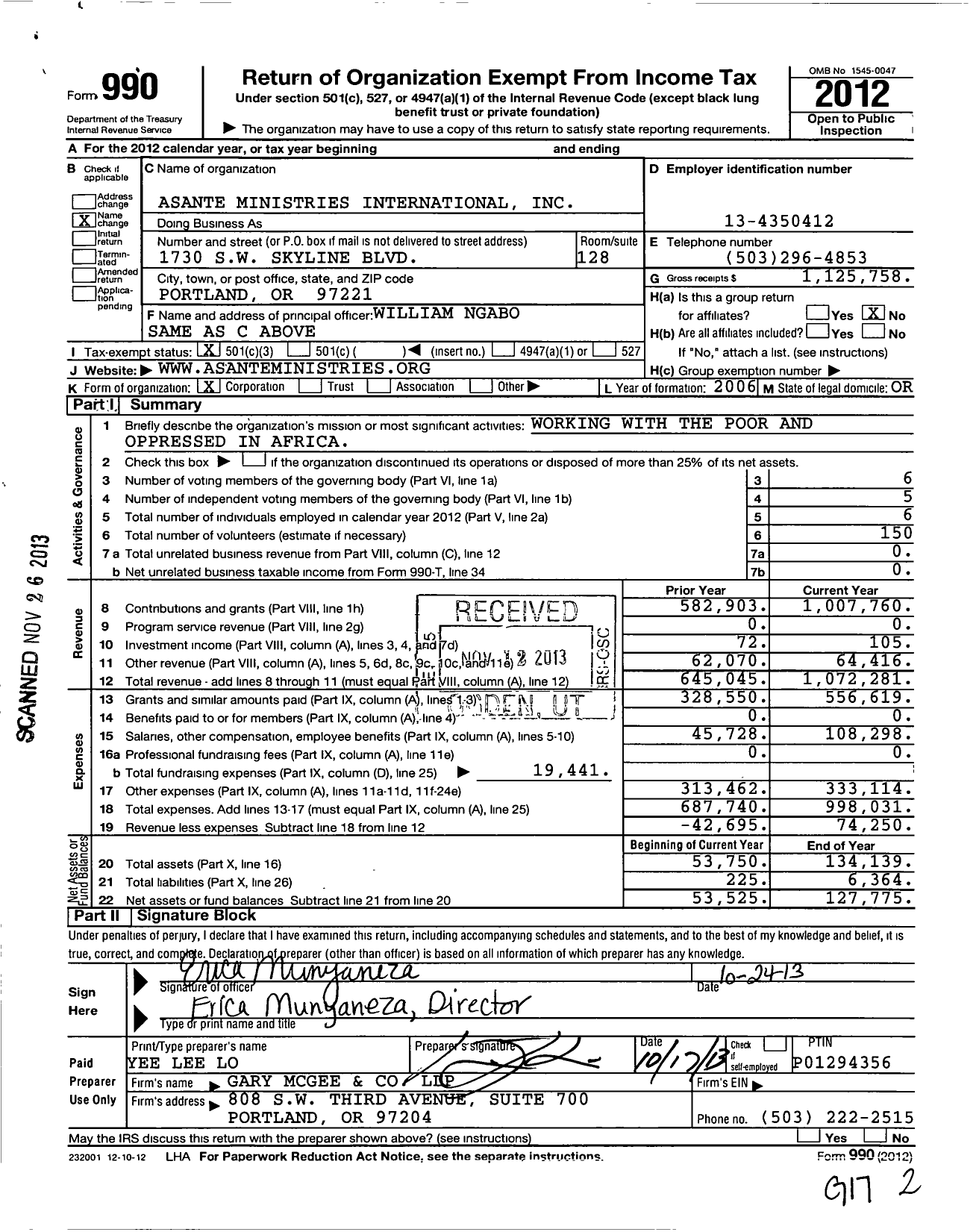 Image of first page of 2012 Form 990 for Asante Ministries International