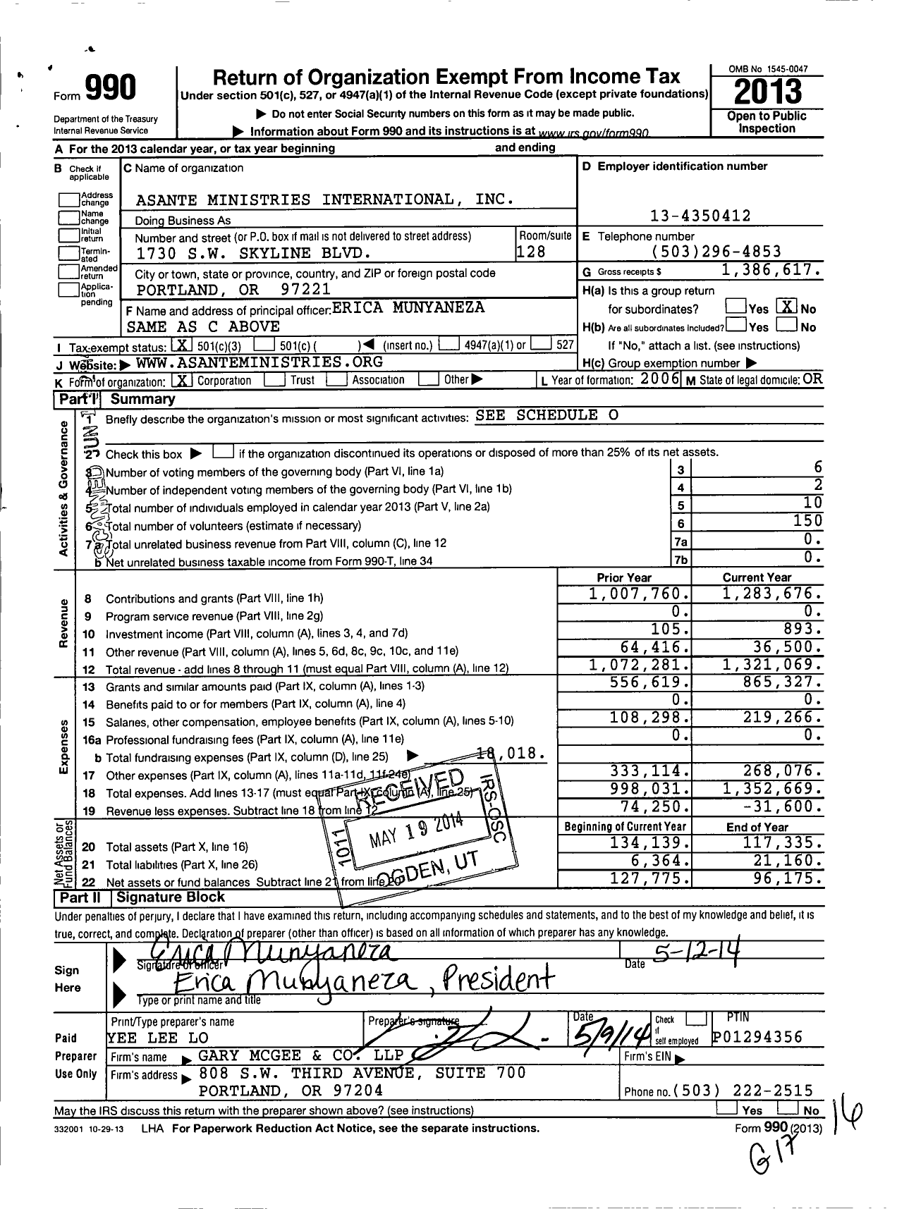 Image of first page of 2013 Form 990 for Asante Ministries International