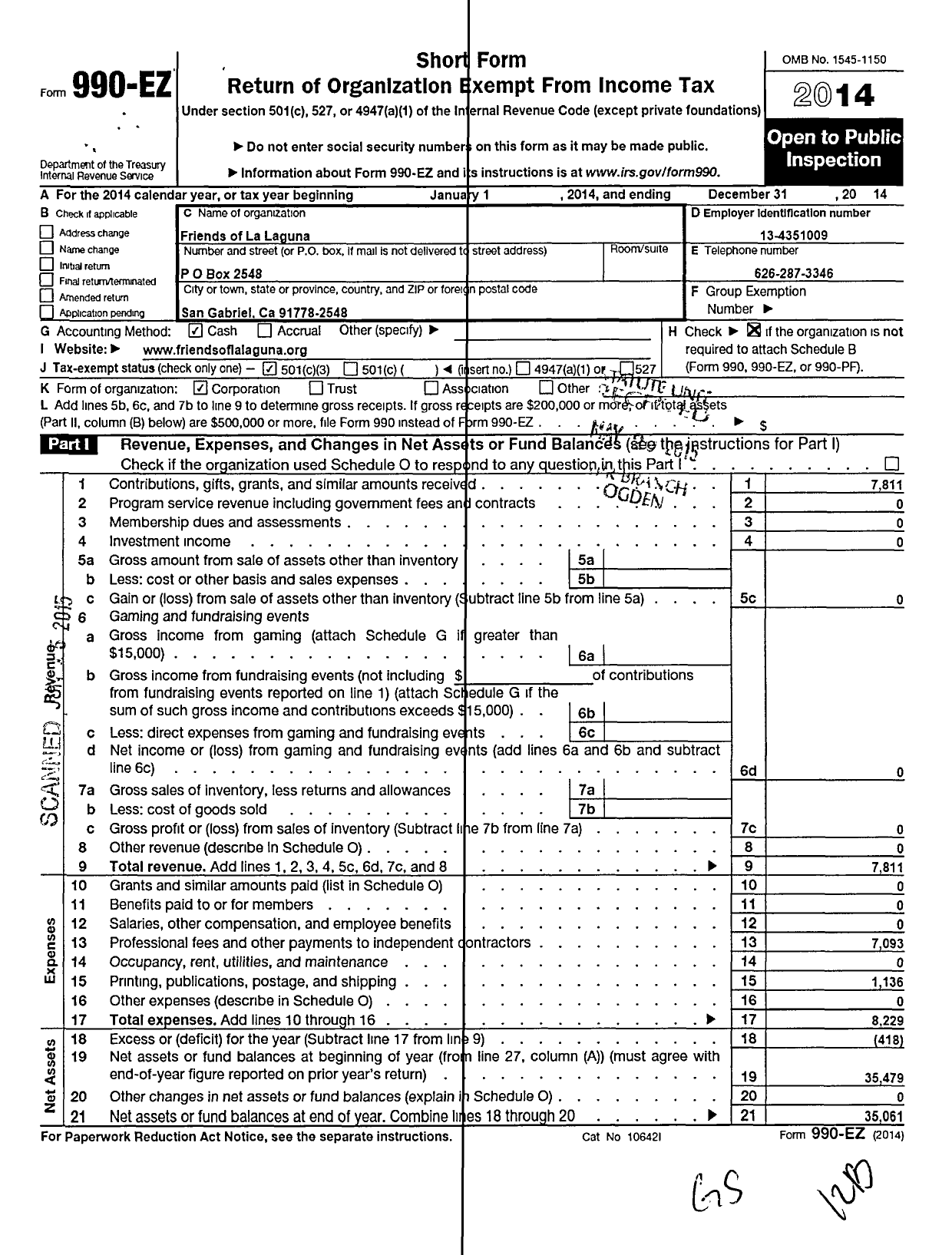 Image of first page of 2014 Form 990EZ for Friends of La Laguna