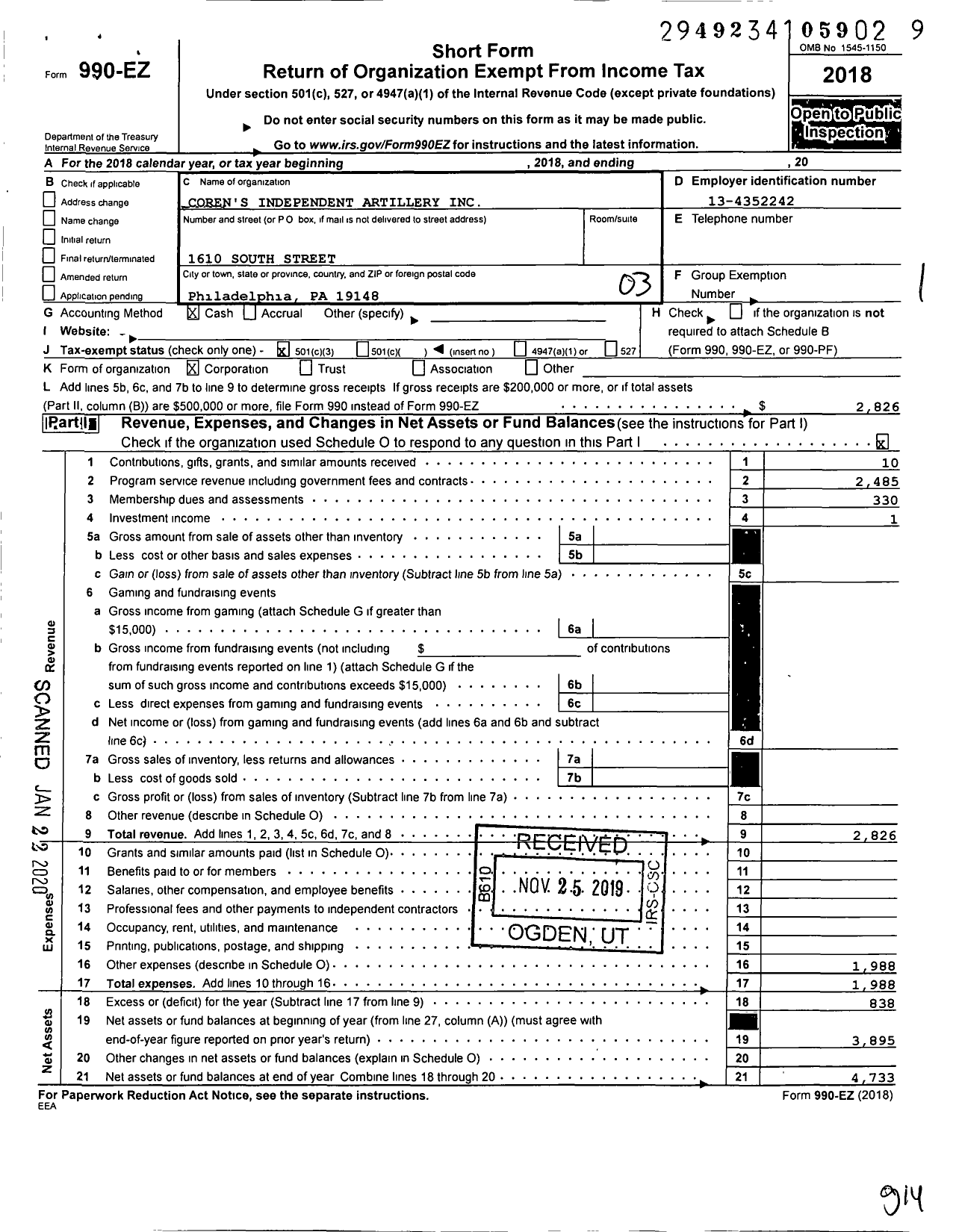 Image of first page of 2018 Form 990EZ for Corens Independent Artillery