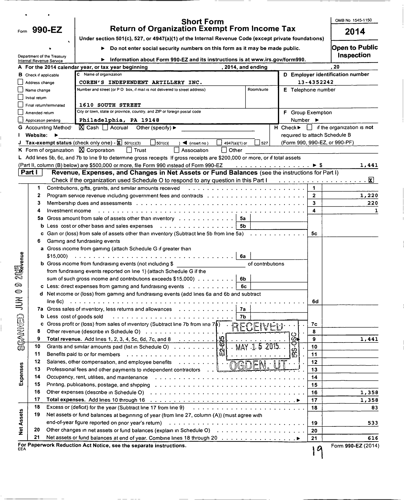 Image of first page of 2014 Form 990EZ for Corens Independent Artillery