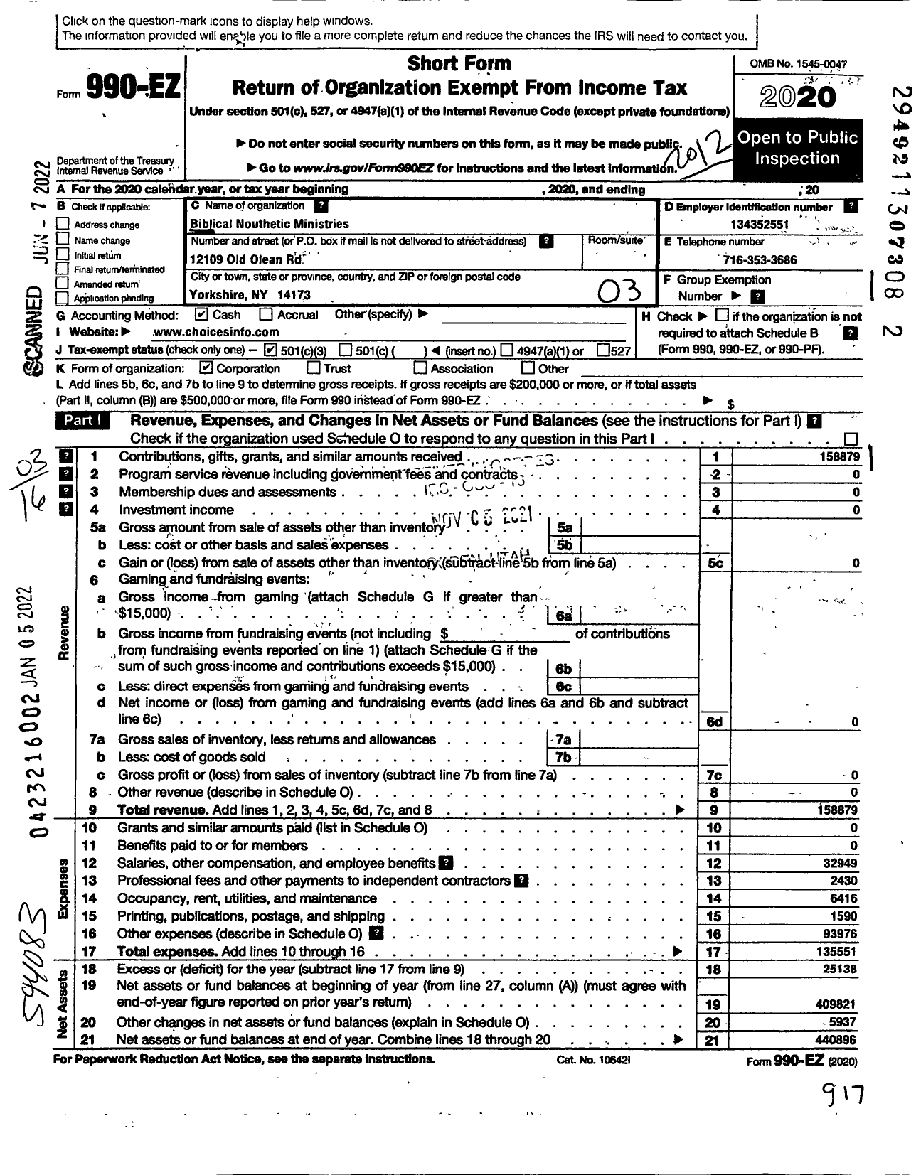 Image of first page of 2020 Form 990EZ for Biblical Nouthetic Ministries