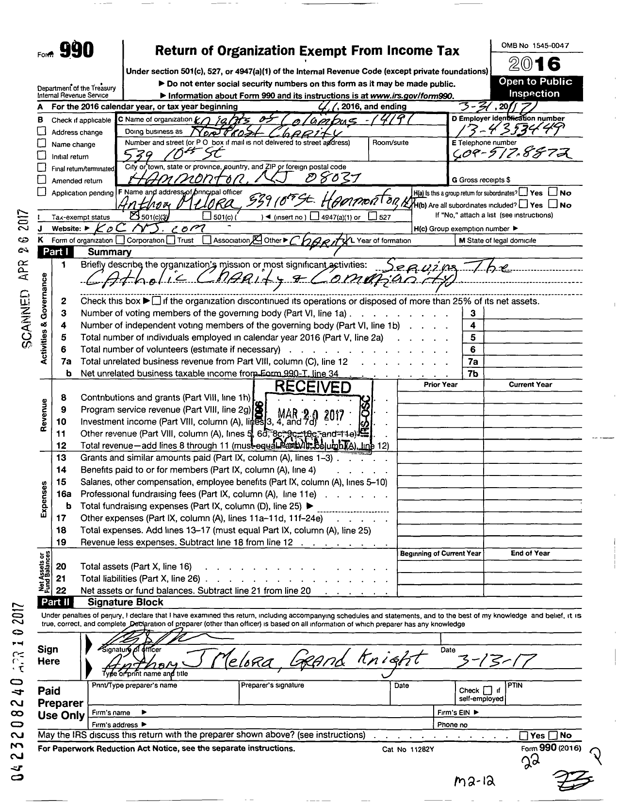 Image of first page of 2016 Form 990 for Knights of Columbus