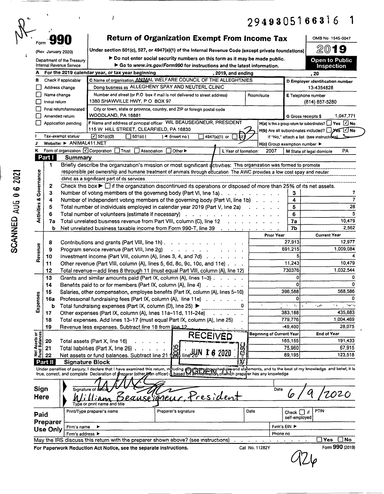 Image of first page of 2019 Form 990 for Allegheny Spay and Neuter Clinic