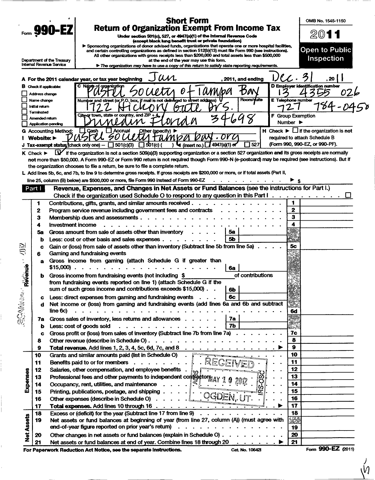 Image of first page of 2011 Form 990EO for Pastel Society of Tampa Bay