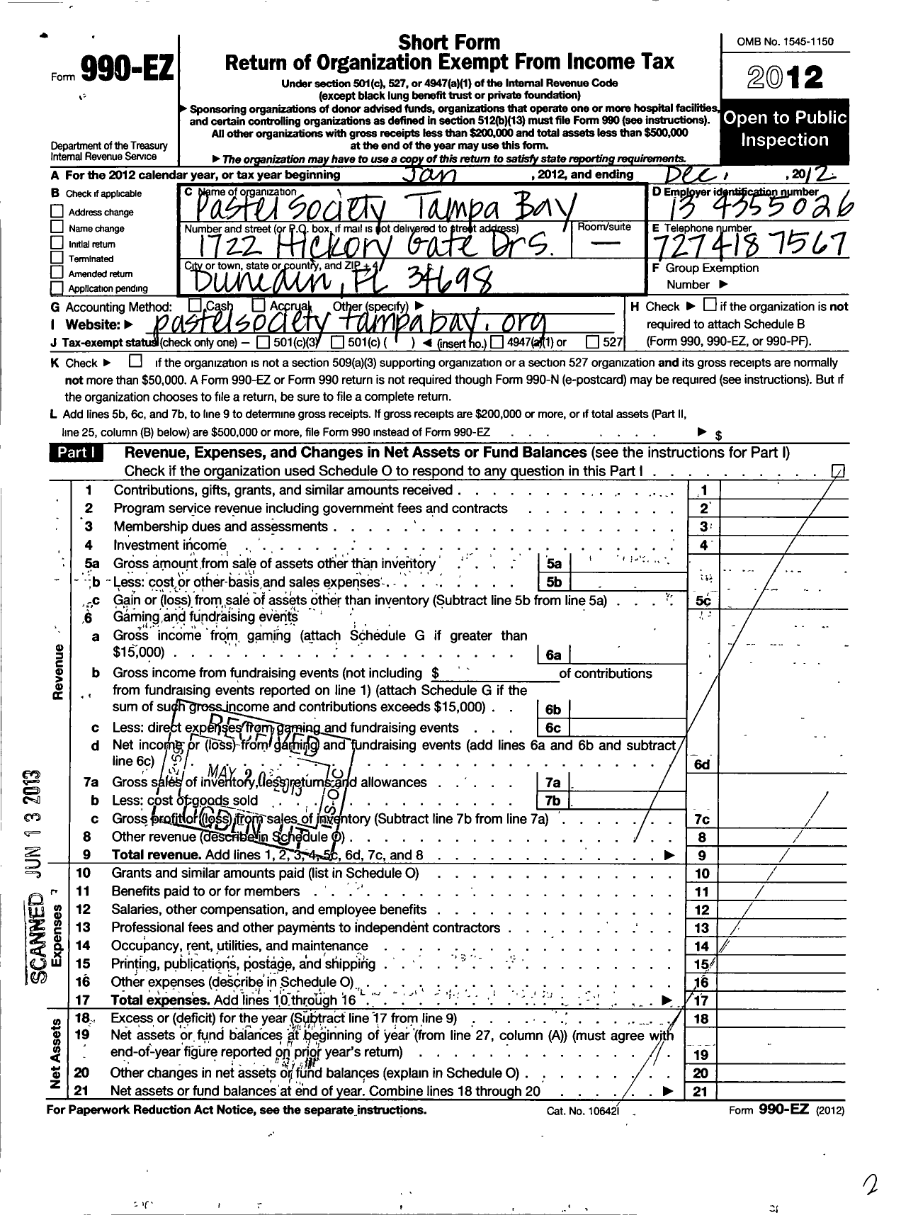 Image of first page of 2012 Form 990EO for Pastel Society of Tampa Bay