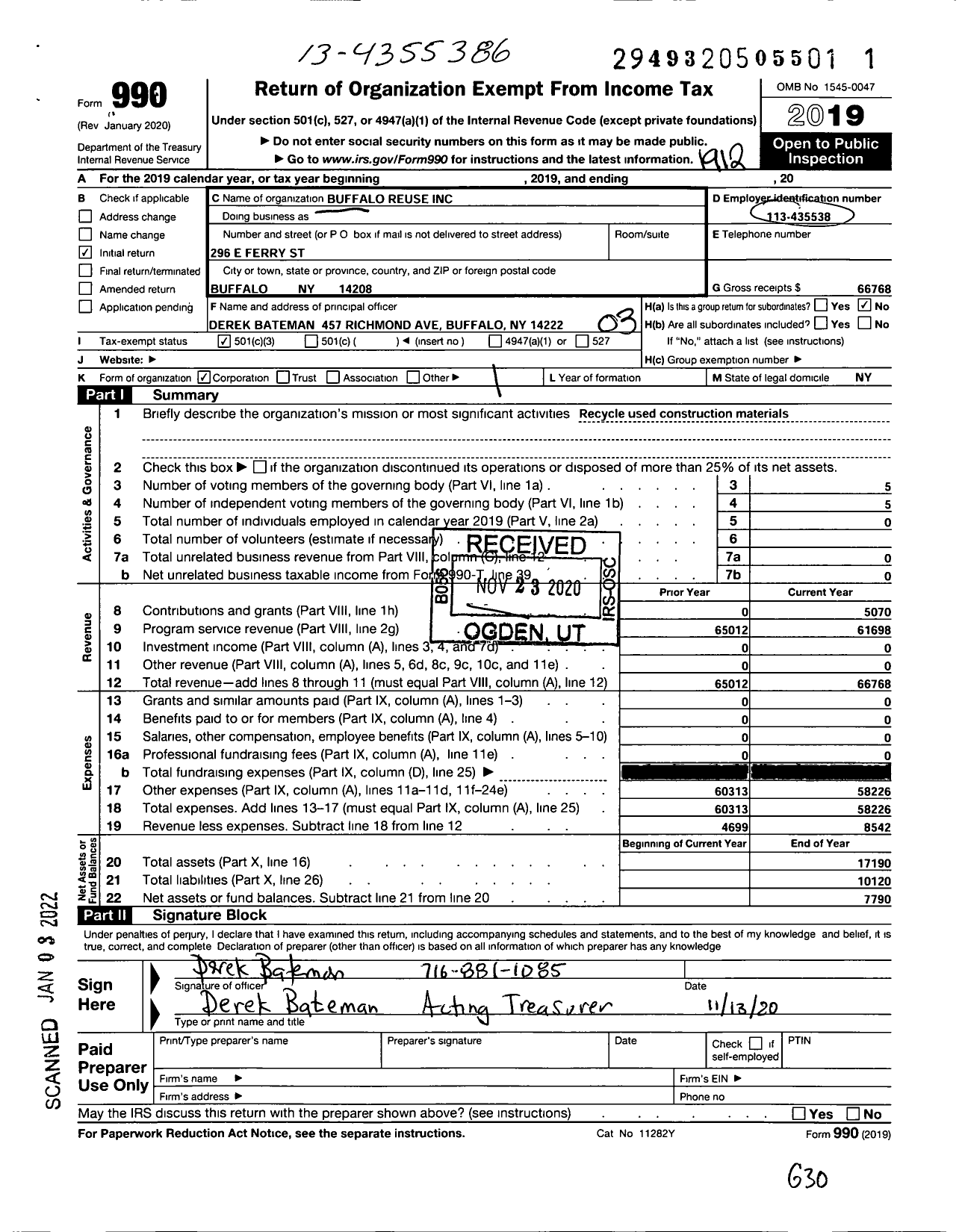 Image of first page of 2019 Form 990 for Buffalo ReUse