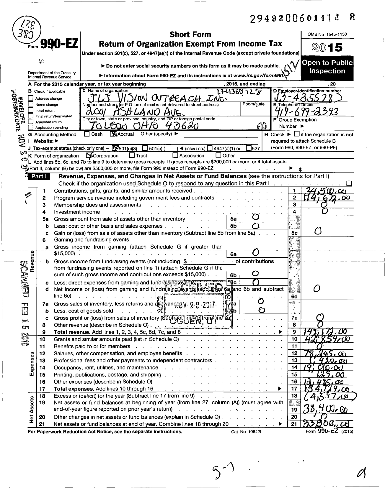 Image of first page of 2015 Form 990EO for JLJ Vision Outreach