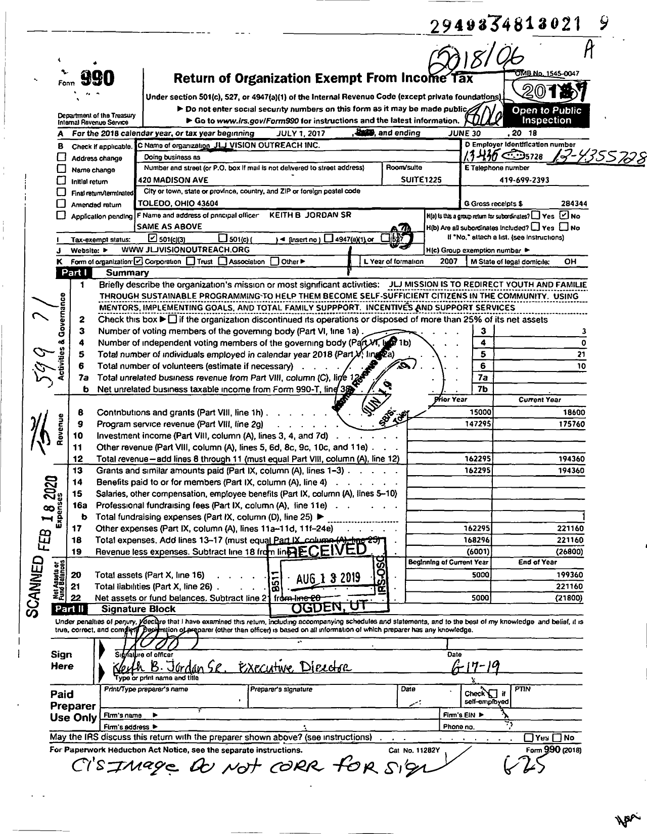 Image of first page of 2017 Form 990 for JLJ Vision Outreach