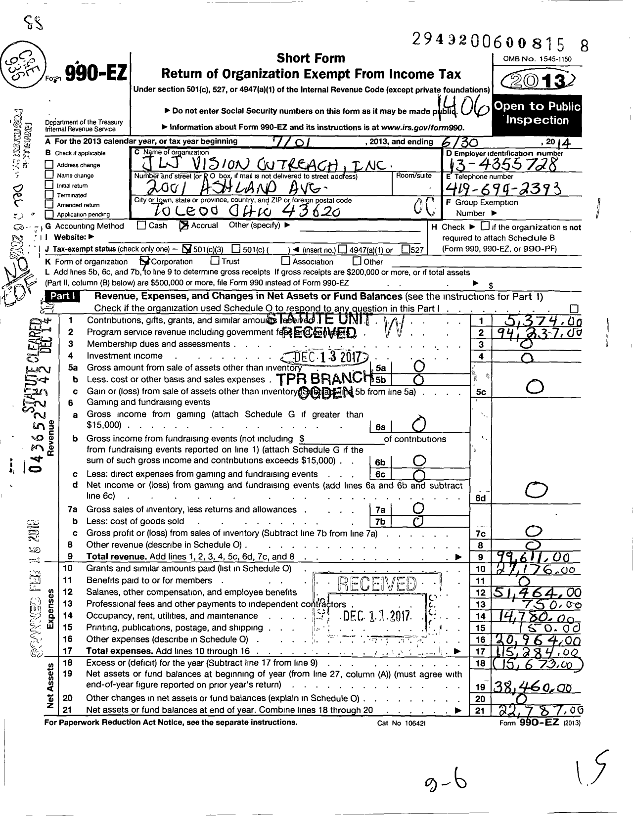 Image of first page of 2013 Form 990EO for JLJ Vision Outreach