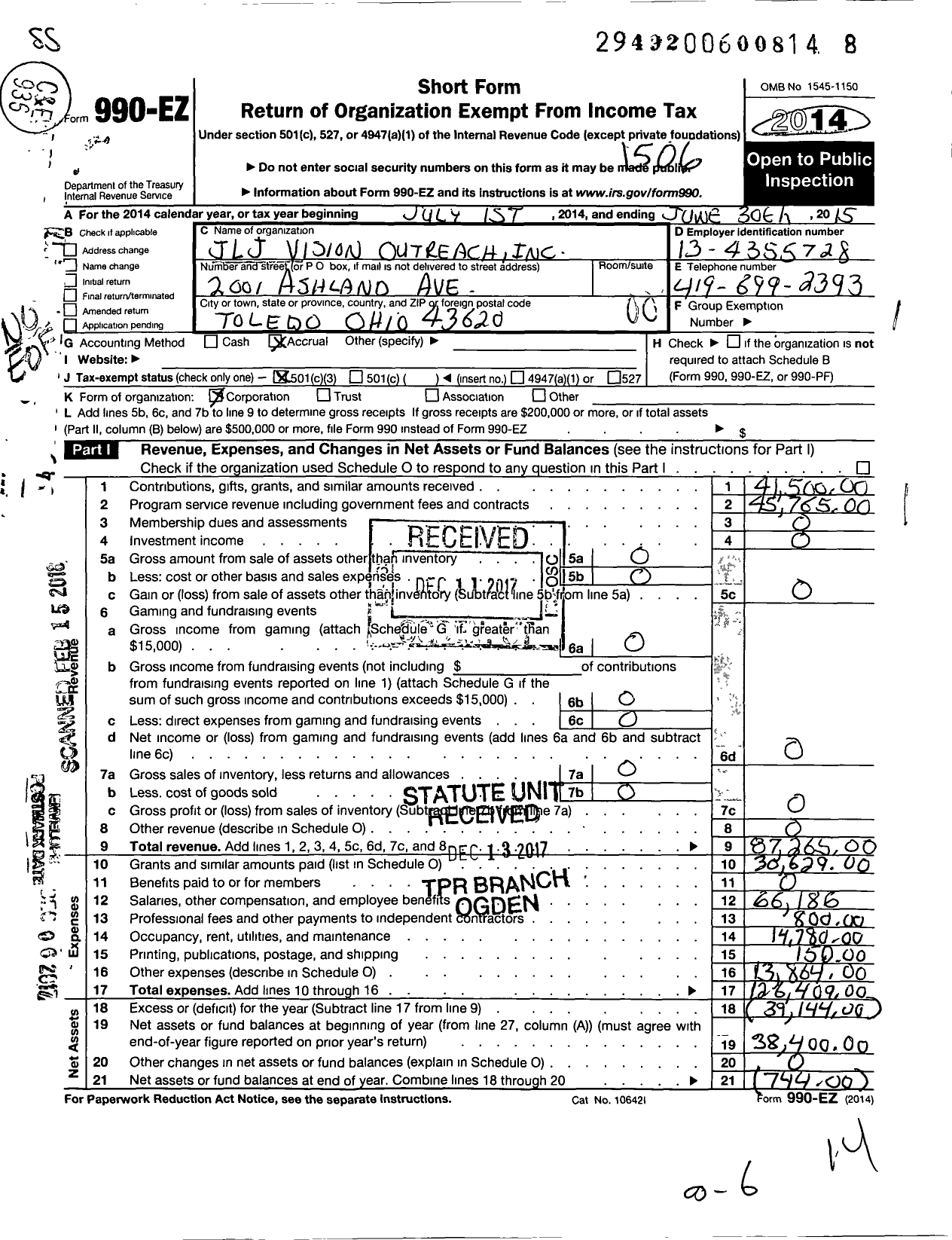 Image of first page of 2014 Form 990EO for JLJ Vision Outreach