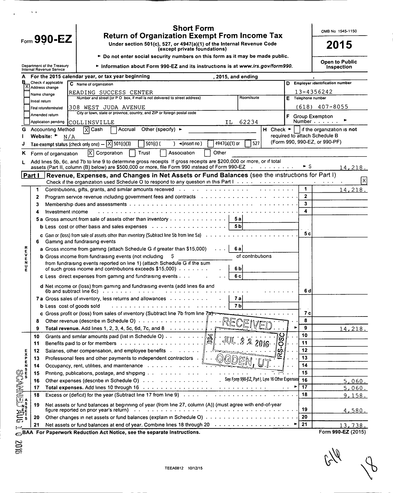 Image of first page of 2015 Form 990EZ for Reading Success Center