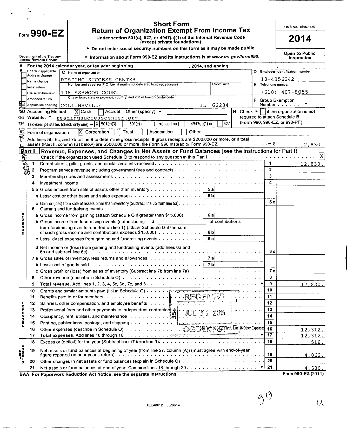 Image of first page of 2014 Form 990EZ for Reading Success Center