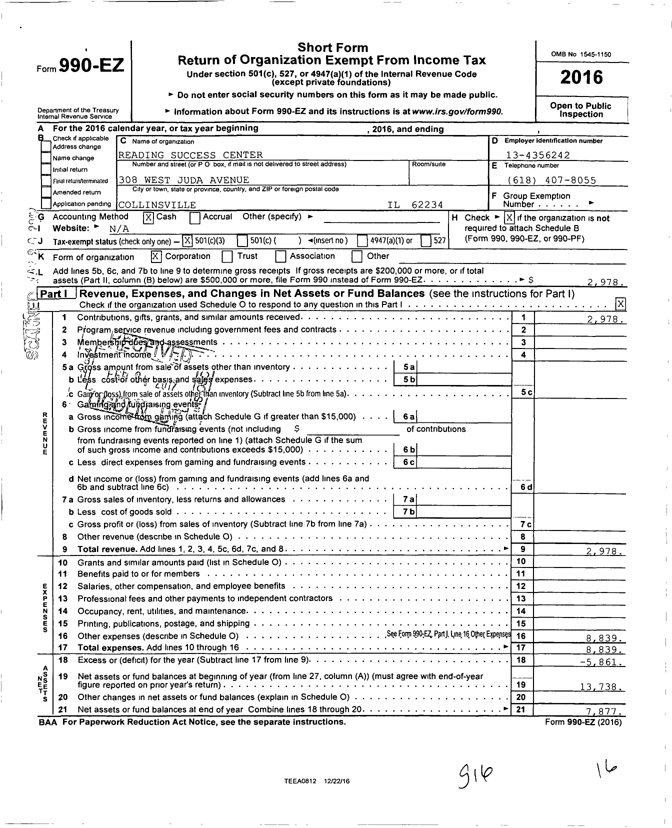 Image of first page of 2016 Form 990EZ for Reading Success Center