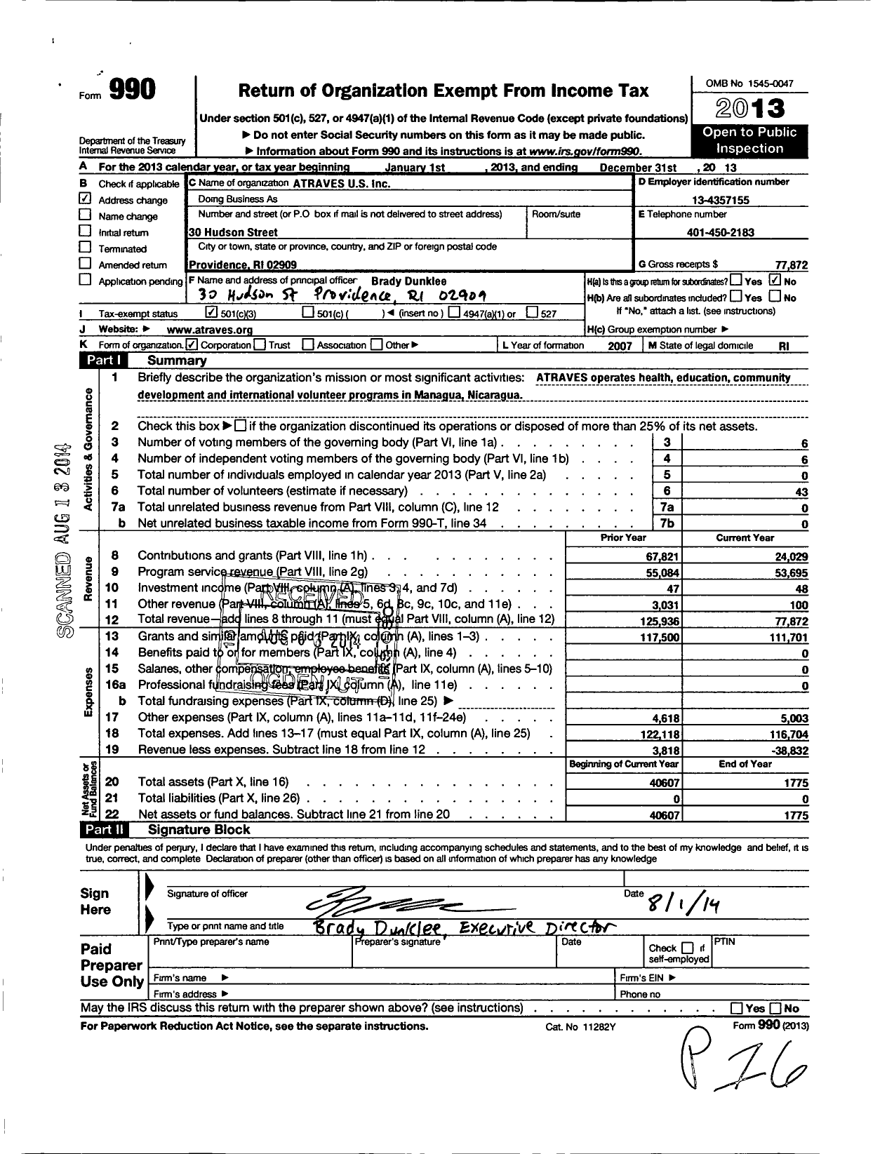 Image of first page of 2013 Form 990 for Atraves U S