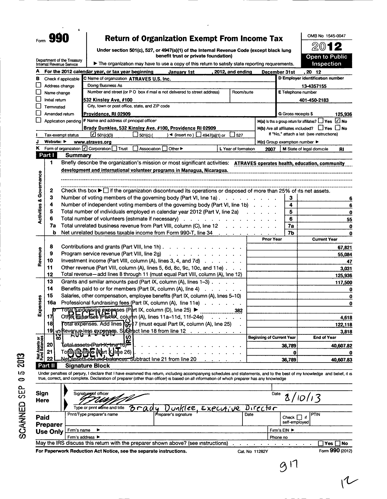 Image of first page of 2012 Form 990 for Atraves U S