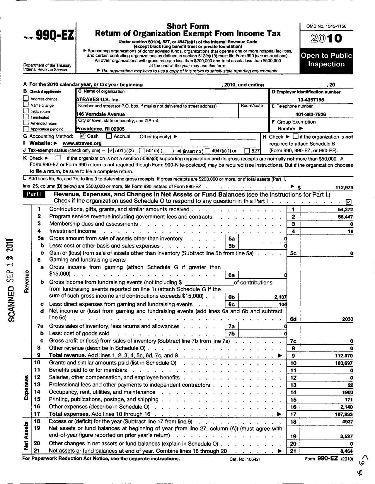 Image of first page of 2010 Form 990EZ for Atraves U S