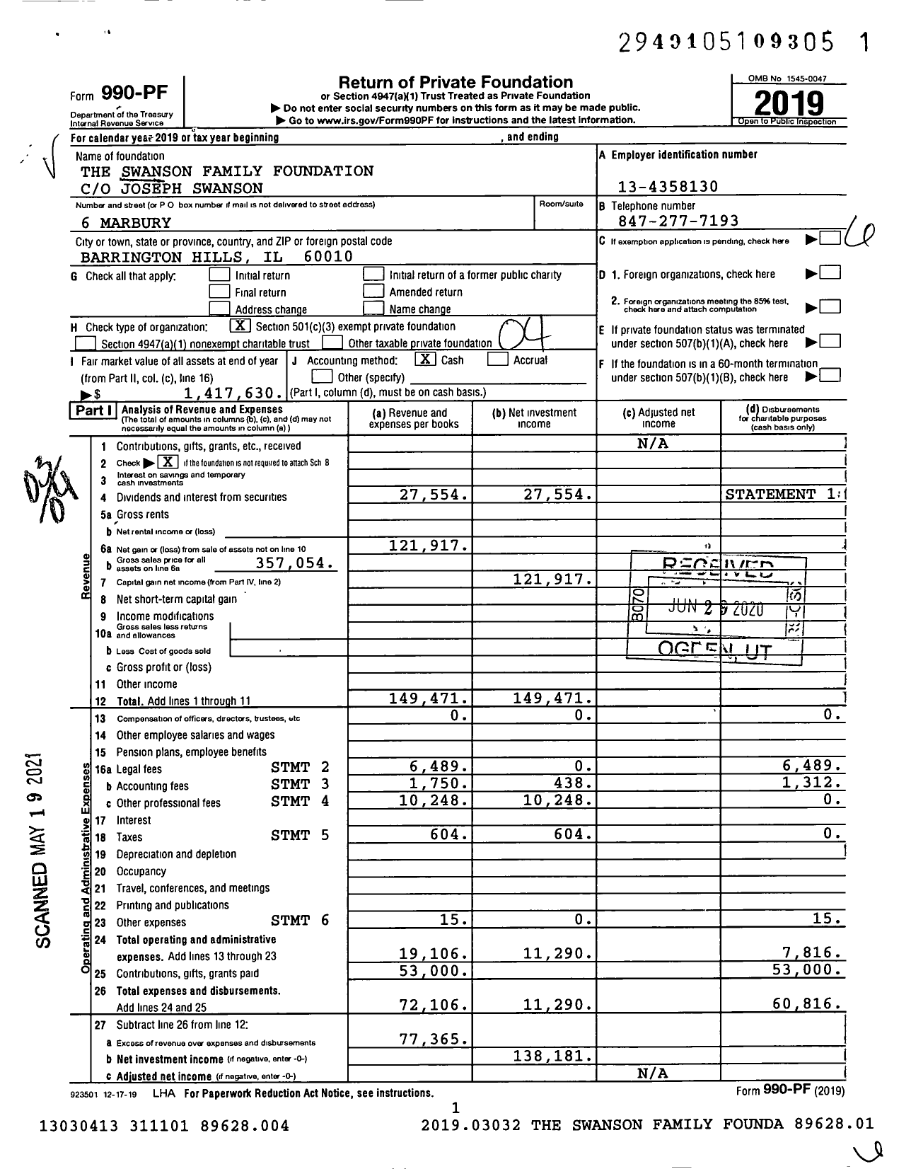 Image of first page of 2019 Form 990PF for The Swanson Family Foundation