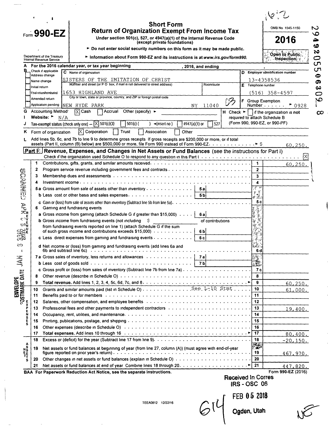 Image of first page of 2016 Form 990EZ for Sisters of the Imitation of Christ