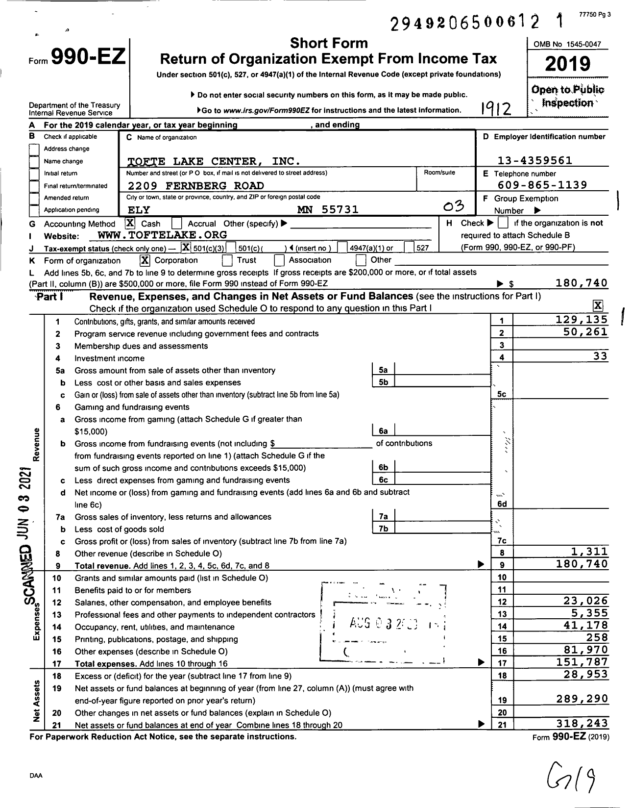 Image of first page of 2019 Form 990EZ for Tofte Lake Center