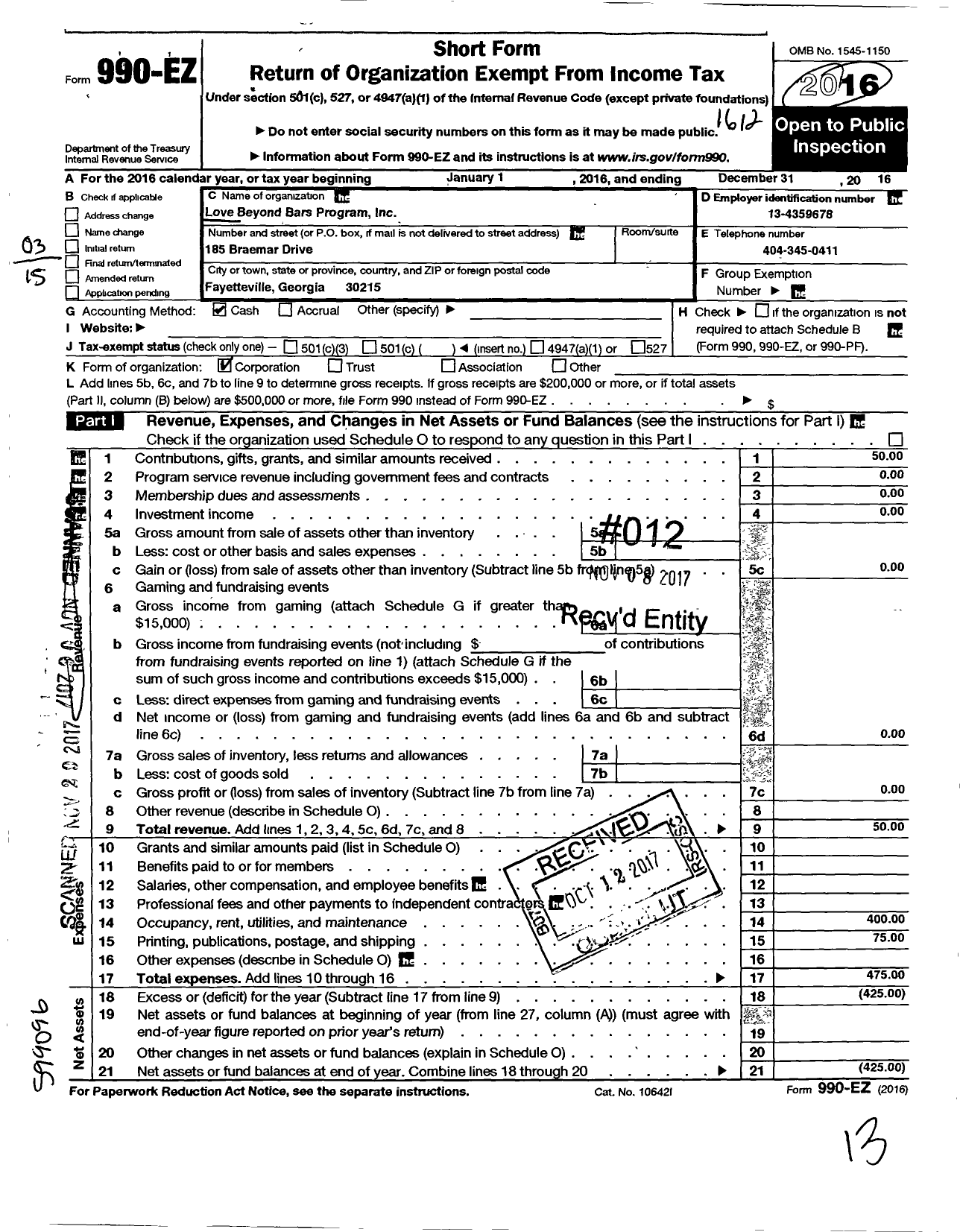 Image of first page of 2016 Form 990EO for Love Beyond Bars Program