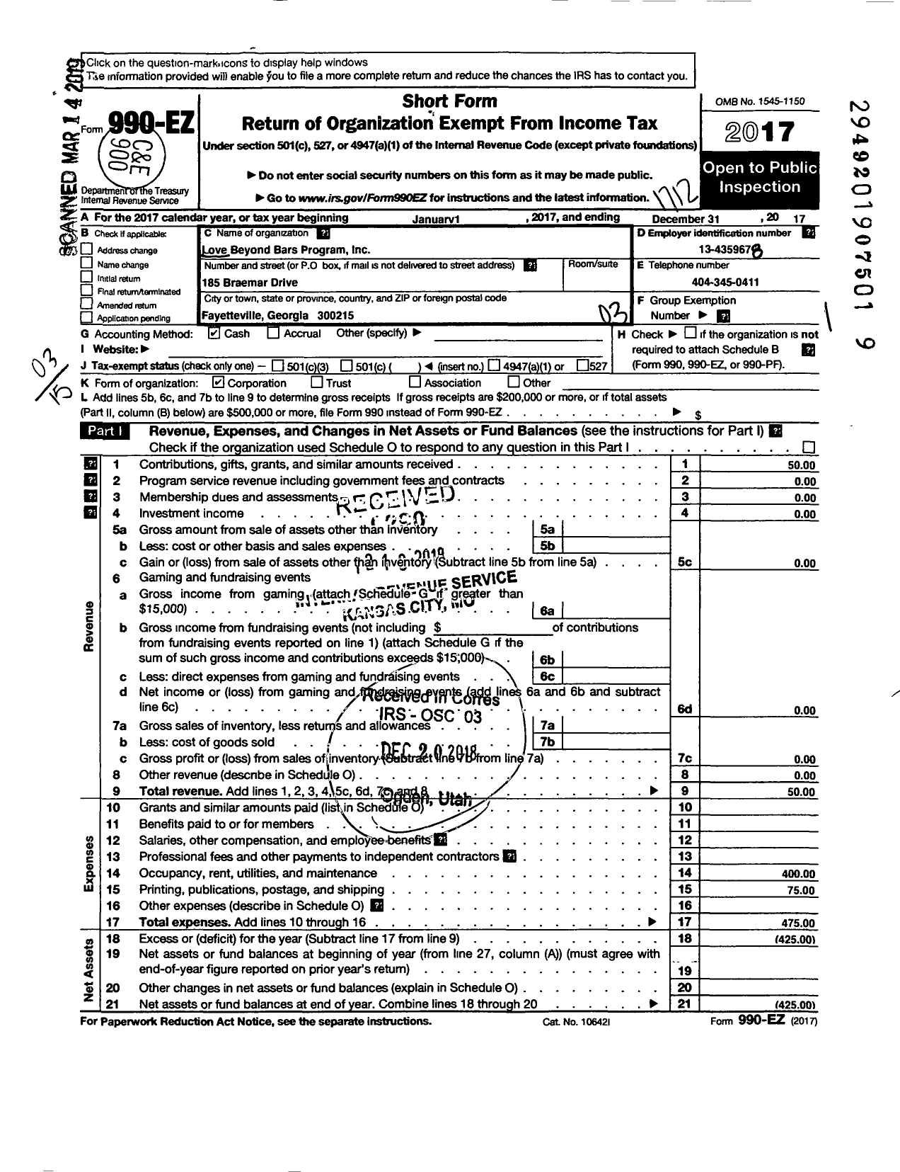 Image of first page of 2017 Form 990EZ for Love Beyond Bars Program