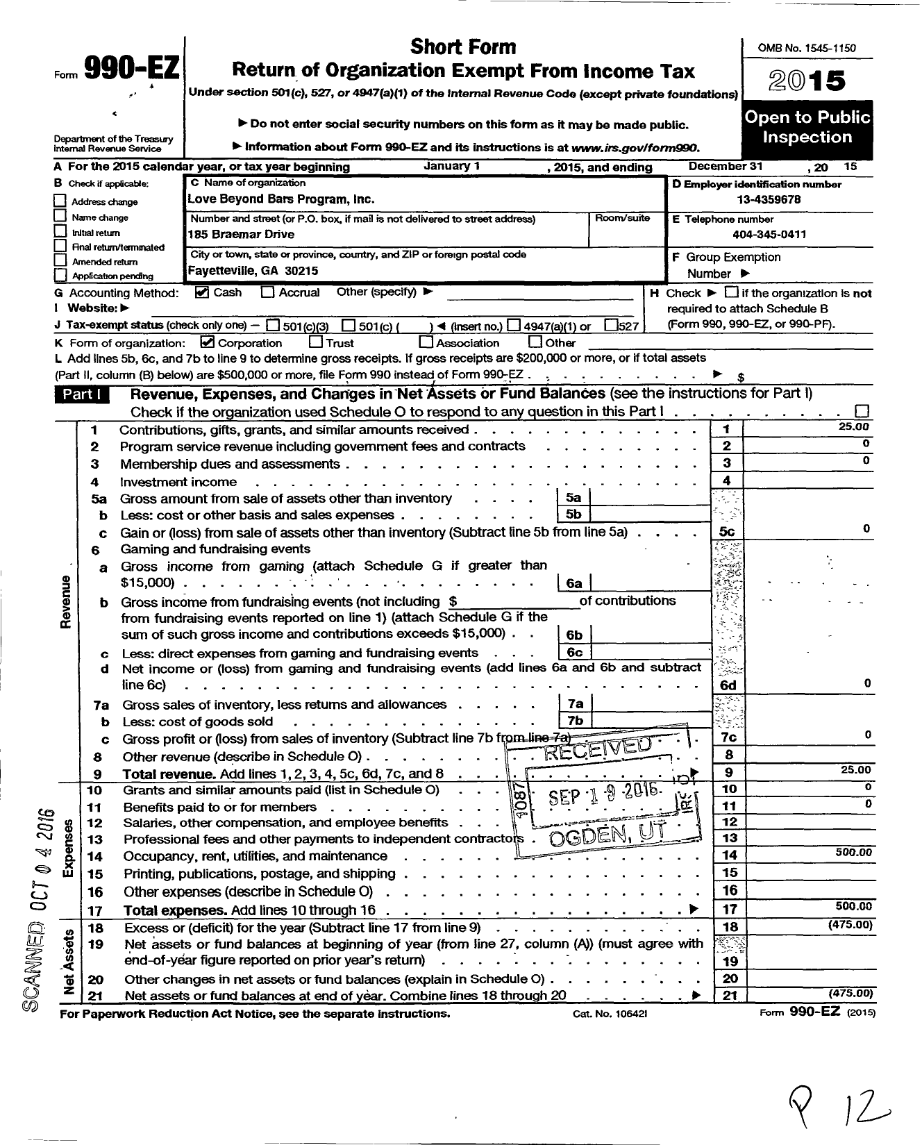 Image of first page of 2015 Form 990EO for Love Beyond Bars Program