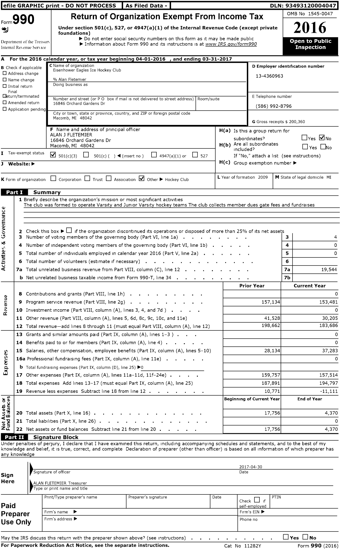 Image of first page of 2016 Form 990 for Eisenhower Eagles Ice Hockey Club