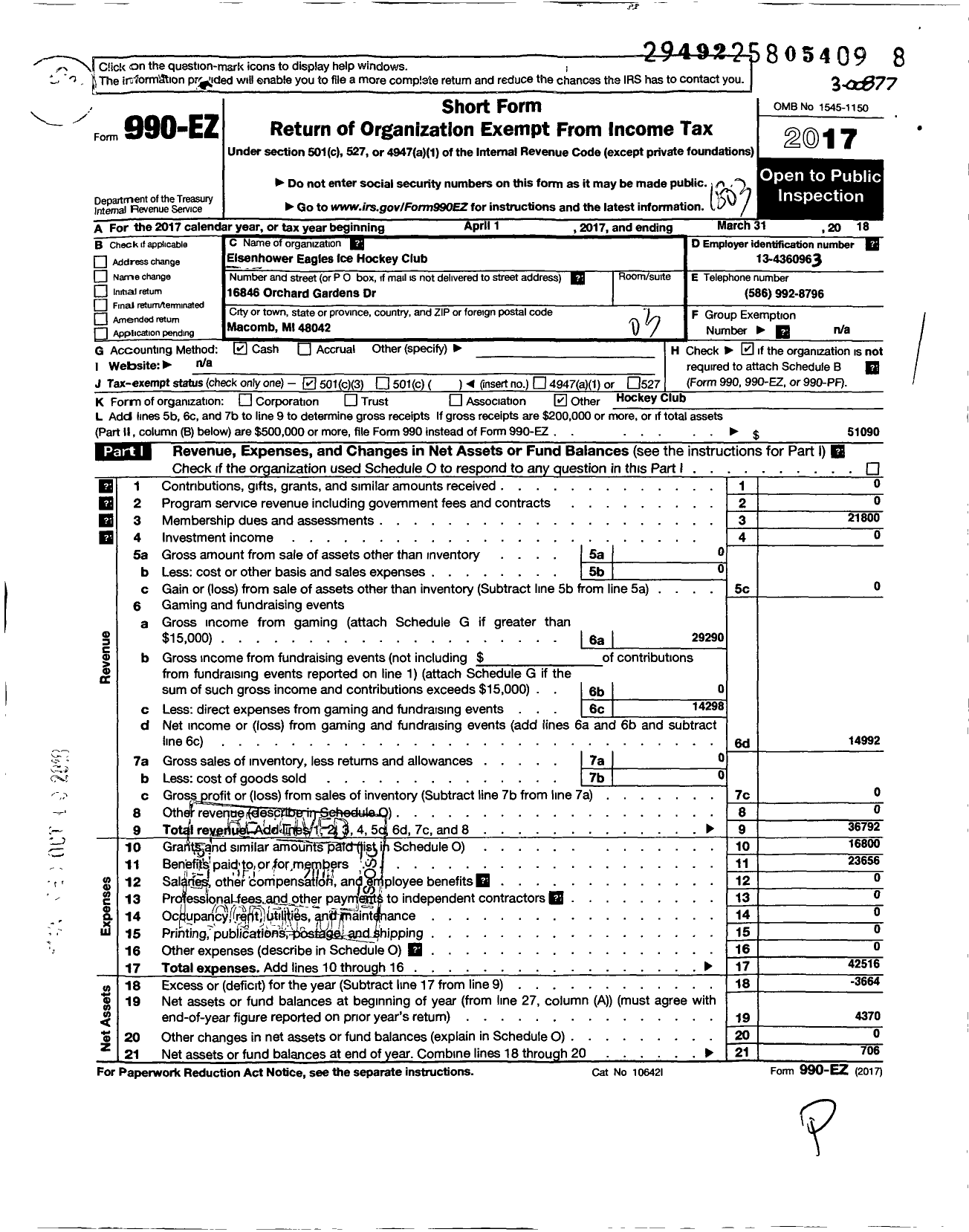 Image of first page of 2017 Form 990EZ for Eisenhower Eagles Ice Hockey Club