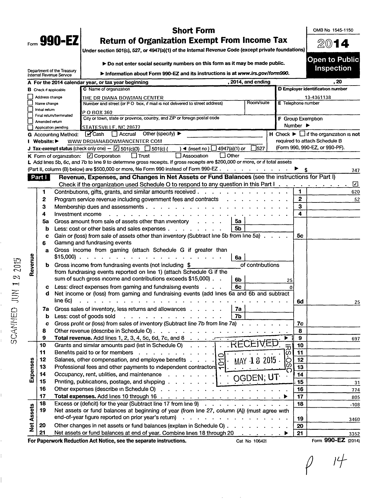 Image of first page of 2014 Form 990EZ for Dr Diana Bowman Center