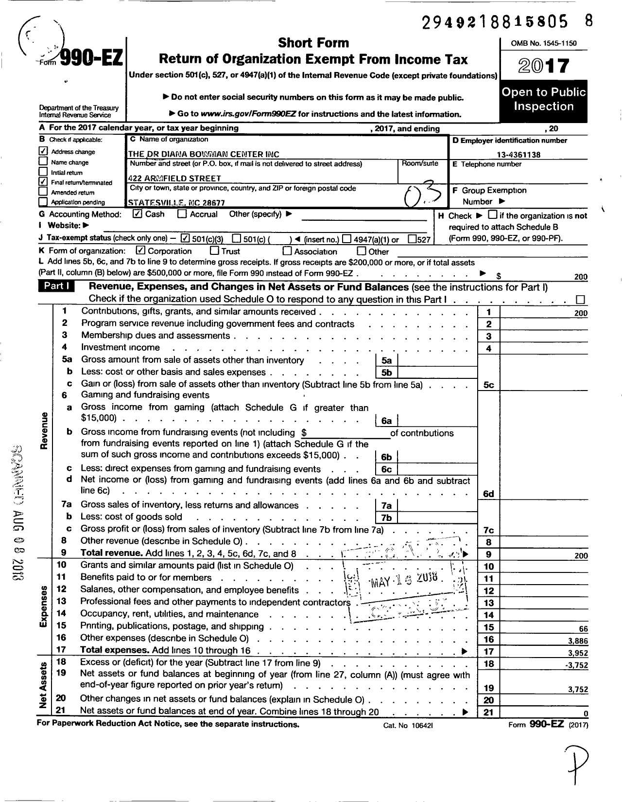 Image of first page of 2017 Form 990EZ for Dr Diana Bowman Center