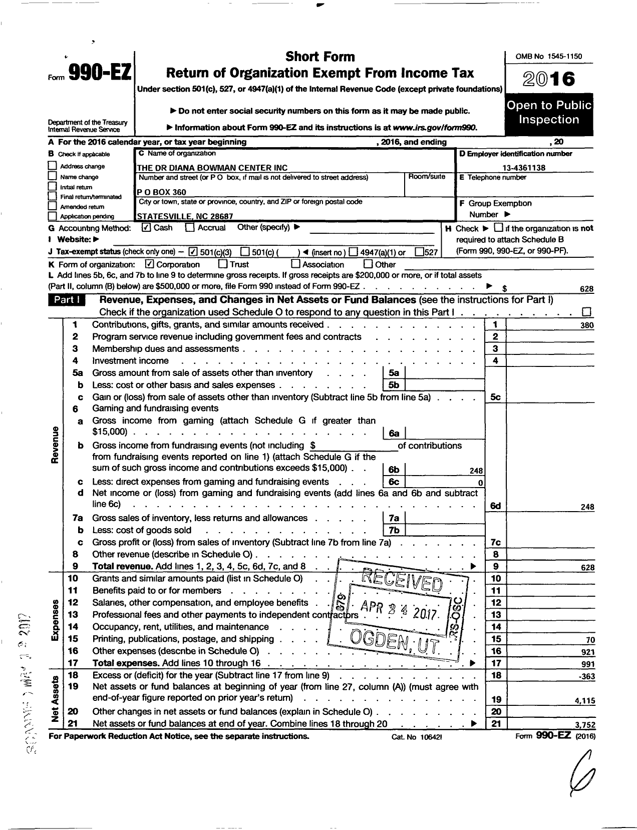 Image of first page of 2016 Form 990EZ for Dr Diana Bowman Center