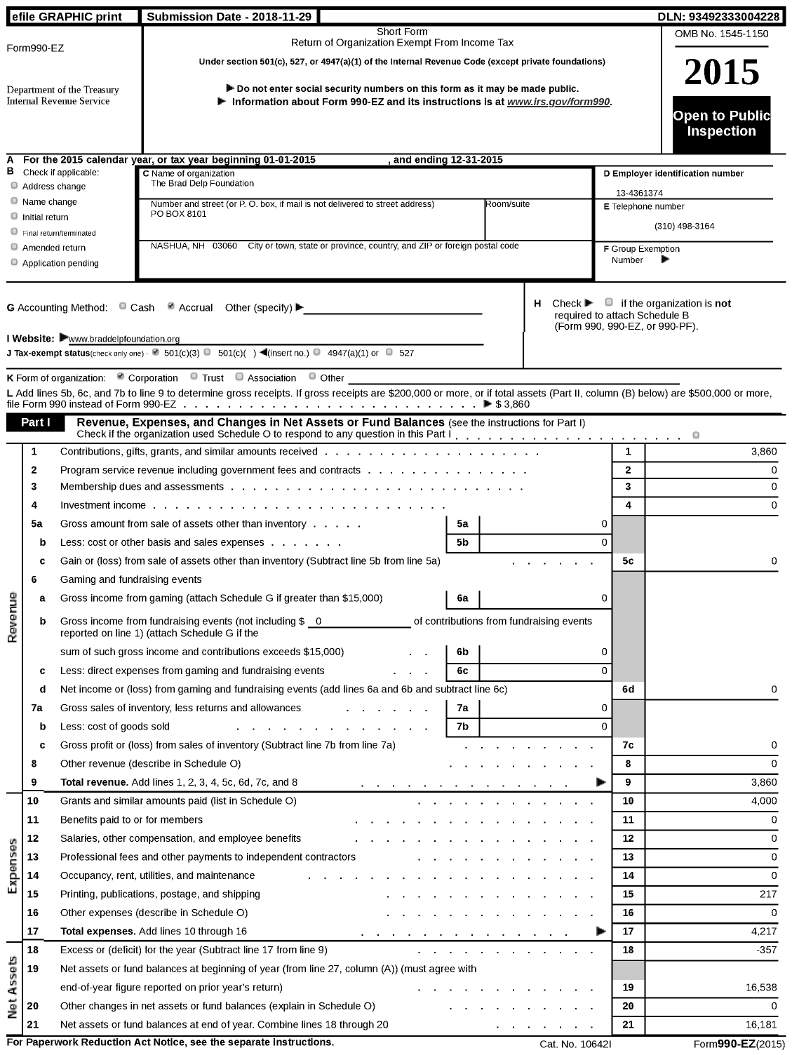 Image of first page of 2015 Form 990EZ for The Brad Delp Foundation